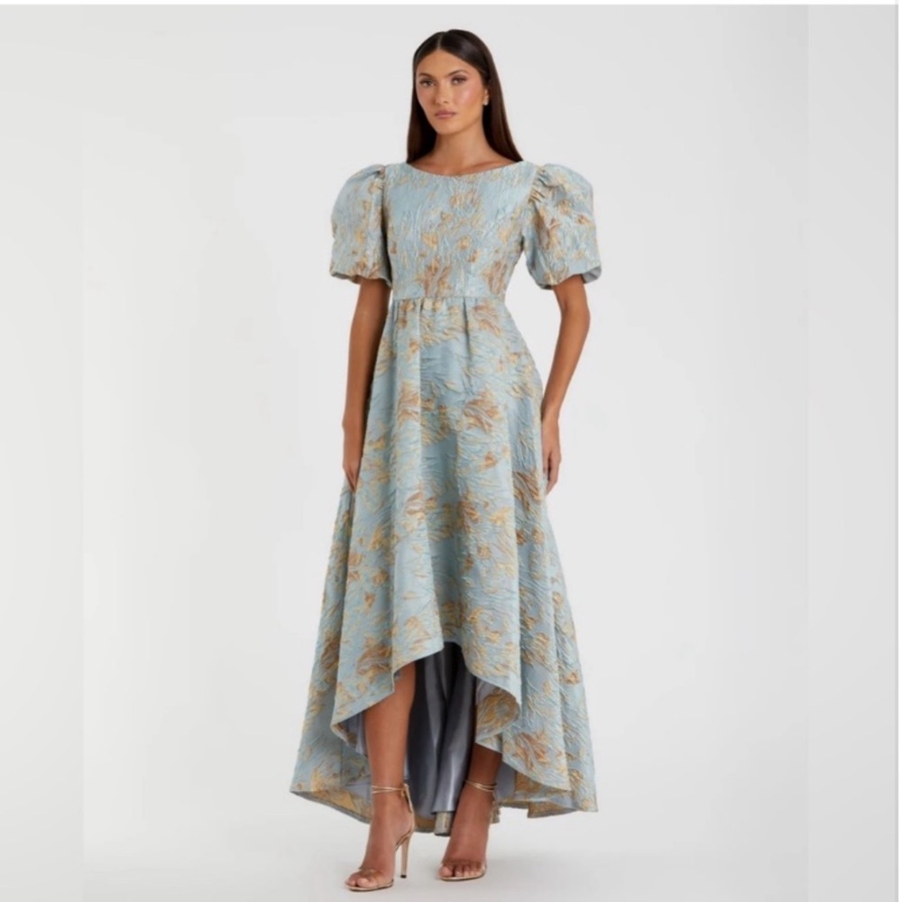 Mac Duggal Pale Blue and Gold Brocade High-Low Midi Dress